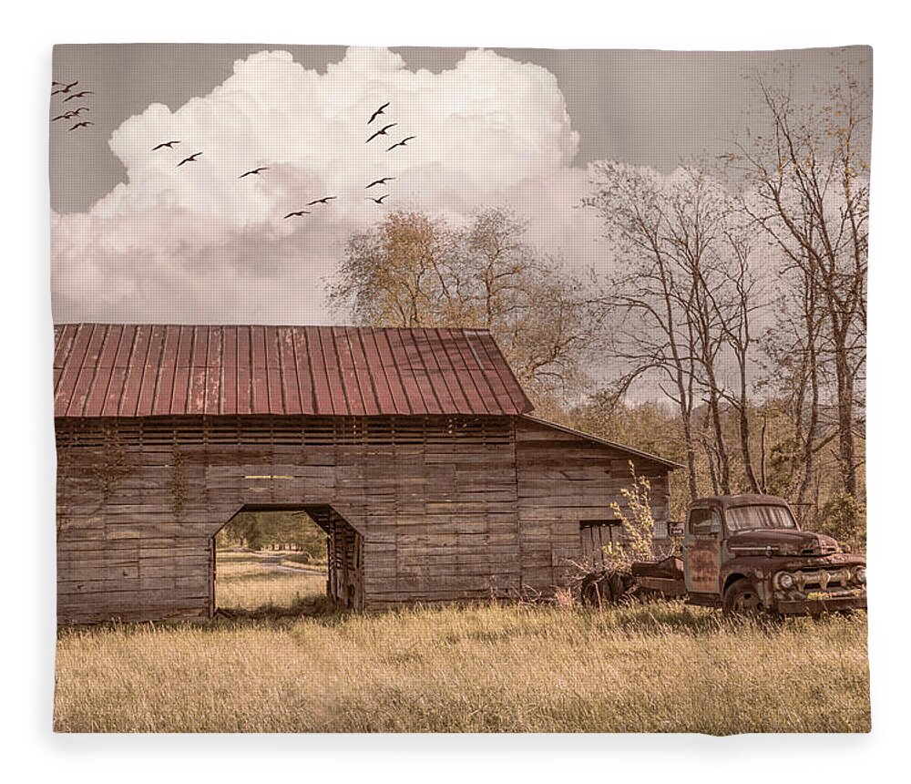 Barn Fleece Blanket featuring the photograph Vintage Pickup Truck at the Farmhouse Barn by Debra and Dave Vanderlaan