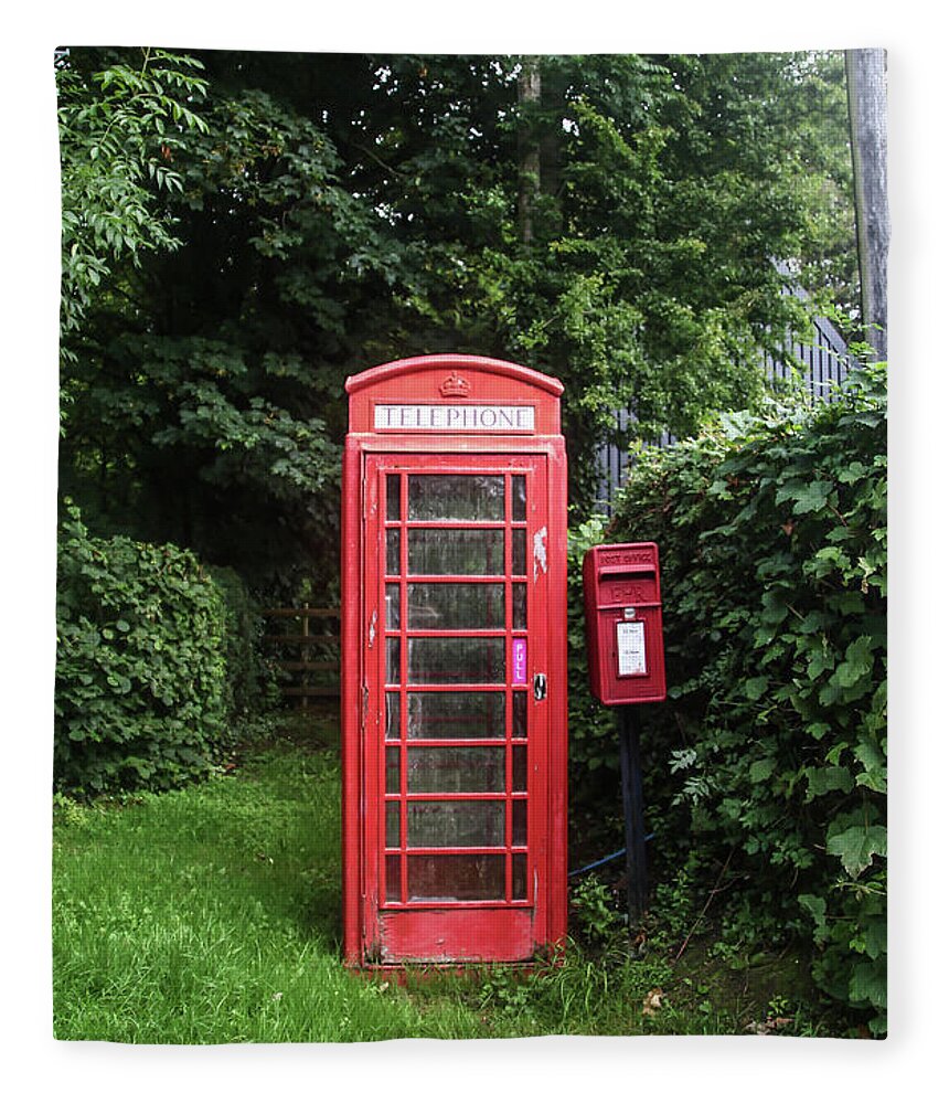 Telephone Fleece Blanket featuring the photograph Vintage Red Telephone box and Royal mail post box in Rural Britain by Tom Conway