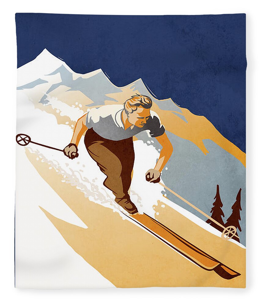  Fleece Blanket featuring the painting Vintage Skier by Sassan Filsoof