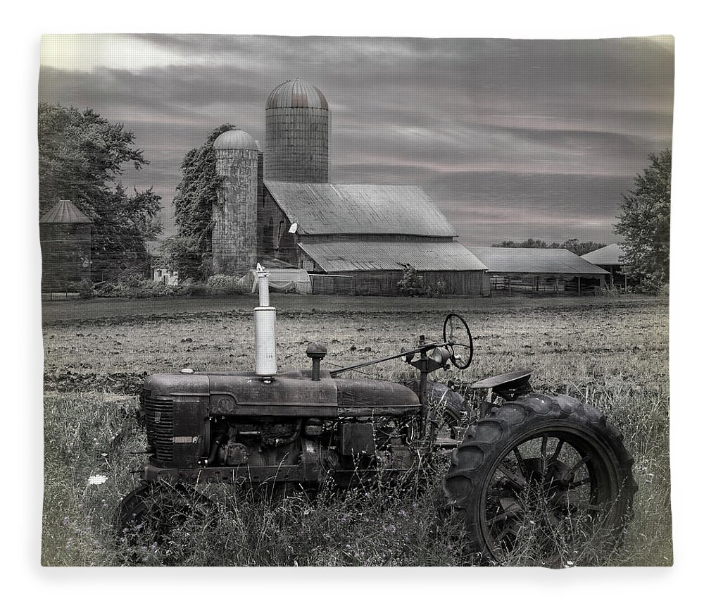 Barns Fleece Blanket featuring the photograph Vintage Tractor at the Country Farm by Debra and Dave Vanderlaan