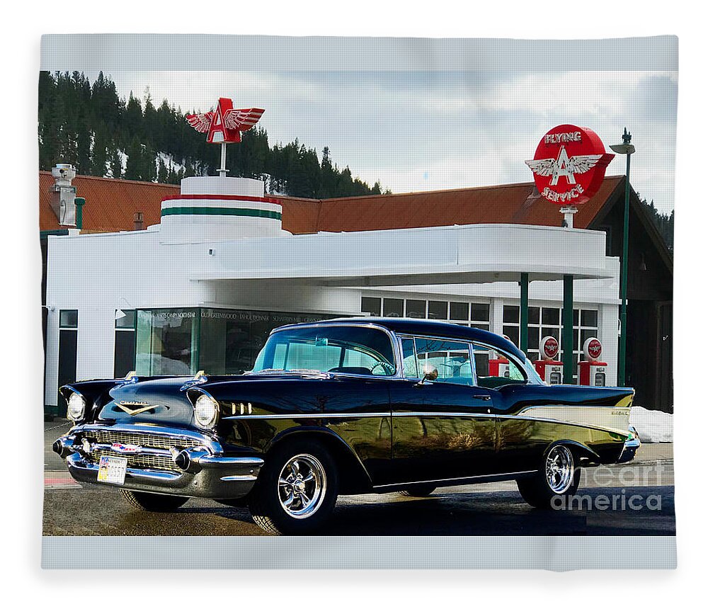 55 Fleece Blanket featuring the photograph Vintage Flying A Station and 1957 Chevrolet by Doug Gist