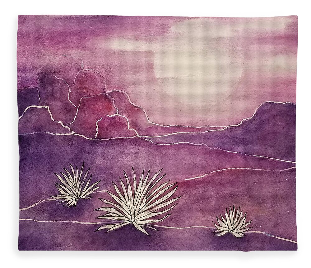 Landscape Fleece Blanket featuring the mixed media Violet Moon by Terry Ann Morris
