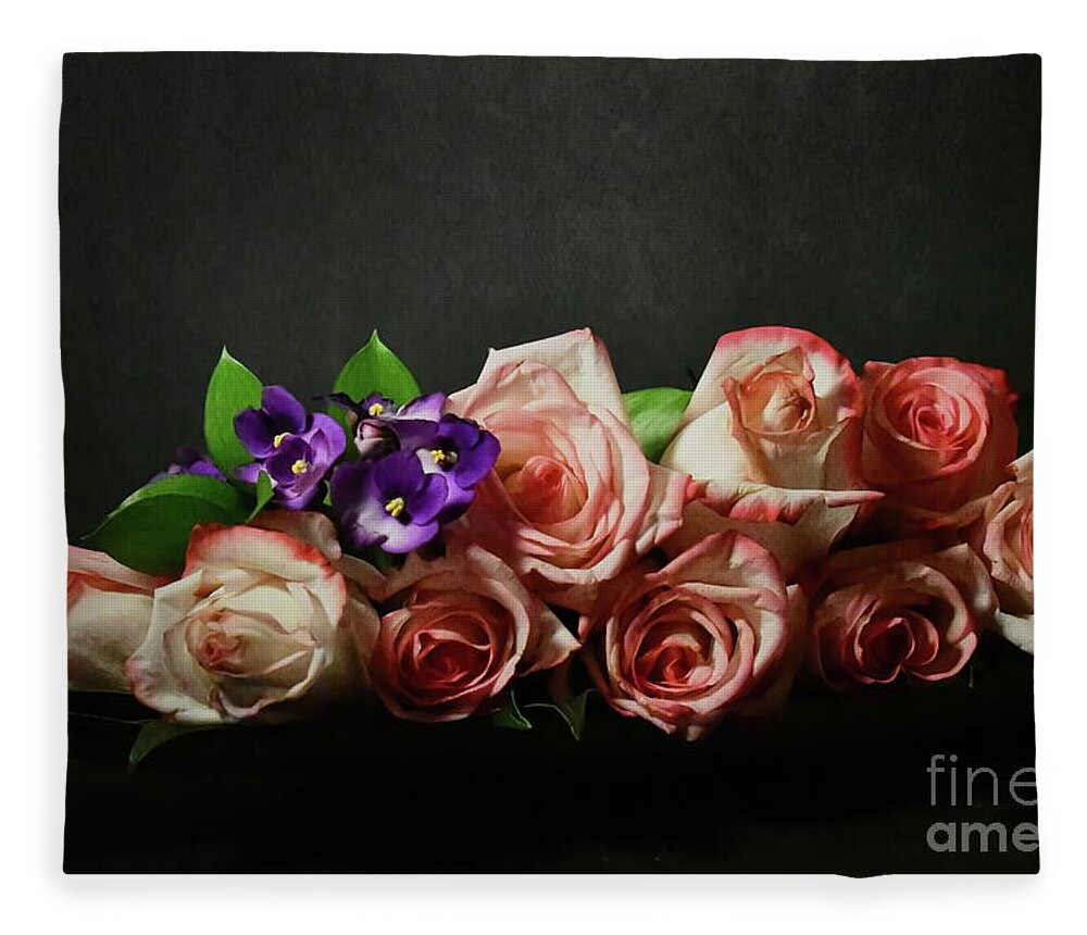 Floral Design Fleece Blanket featuring the photograph Violets and Pink Roses by Diana Mary Sharpton