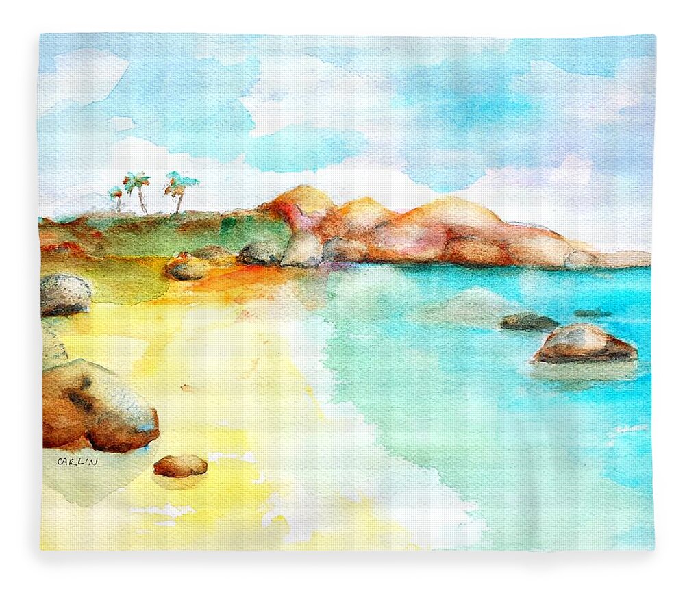 Tropical Fleece Blanket featuring the painting Virgin Rocks by Carlin Blahnik CarlinArtWatercolor