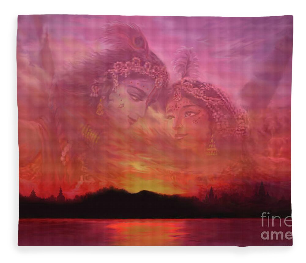 Radha Krishna Fleece Blanket featuring the painting Vision Over the Yamuna by Vishnu Das