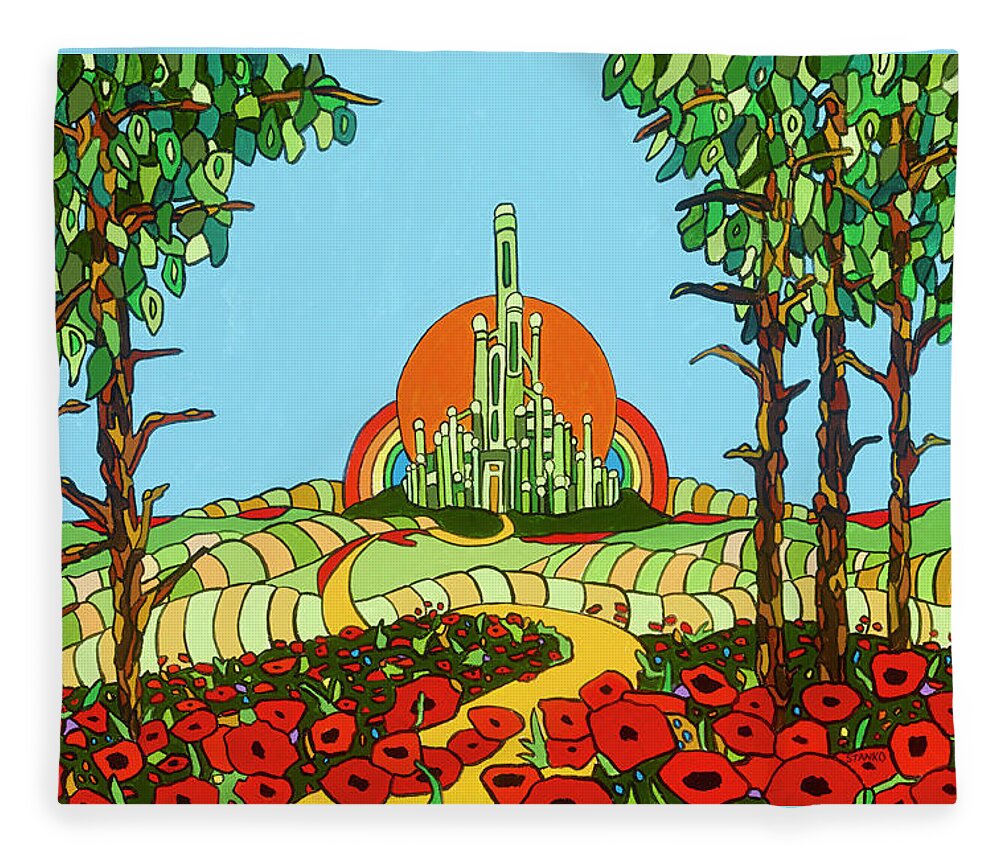 Wizard Of Oz Emerald City Off To See The Wizard Poppies Yellow Brick Road Fleece Blanket featuring the painting Visiting Oz by Mike Stanko