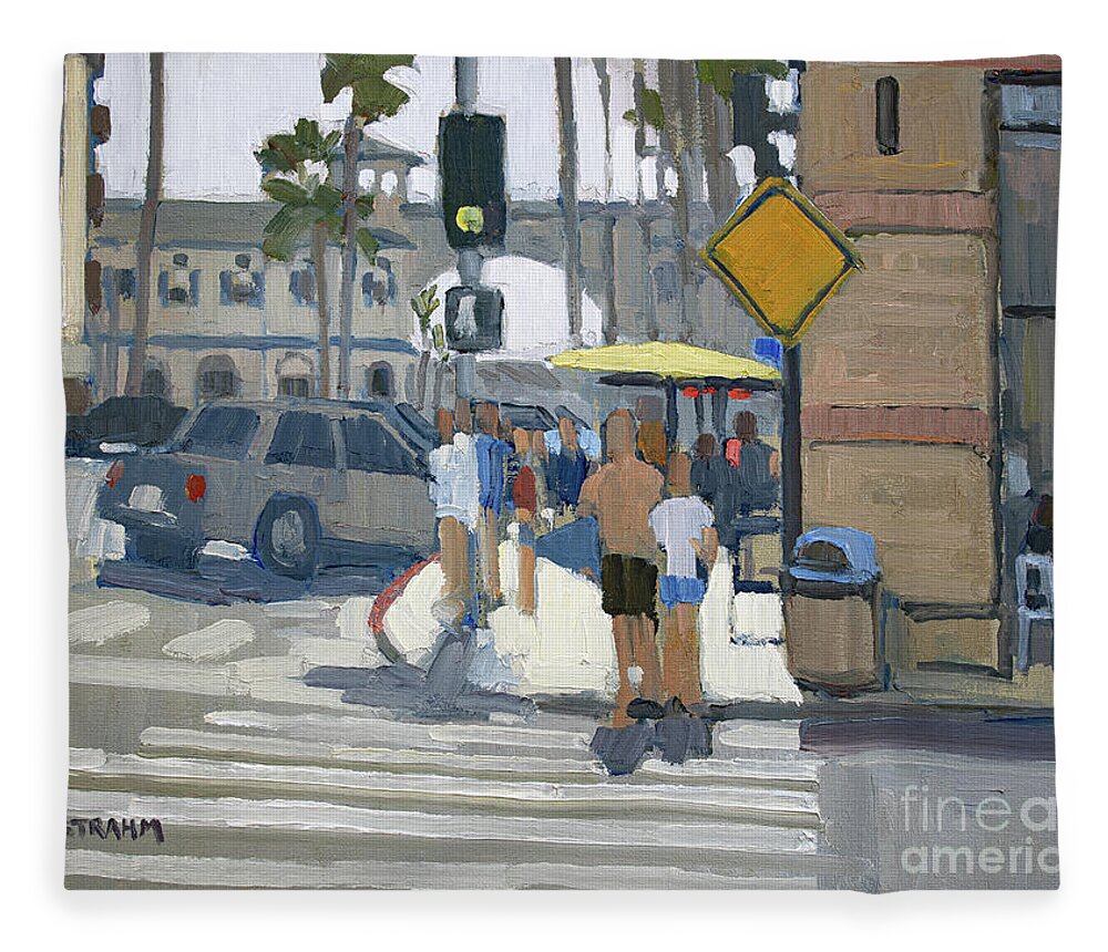 Crystal Pier Fleece Blanket featuring the painting Walking to the Pier - Pacific Beach, San Diego, California by Paul Strahm