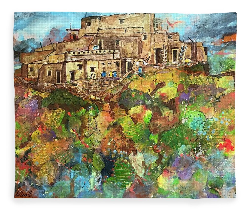 Southwest Landscape Fleece Blanket featuring the painting Walpi Village II by Elaine Elliott