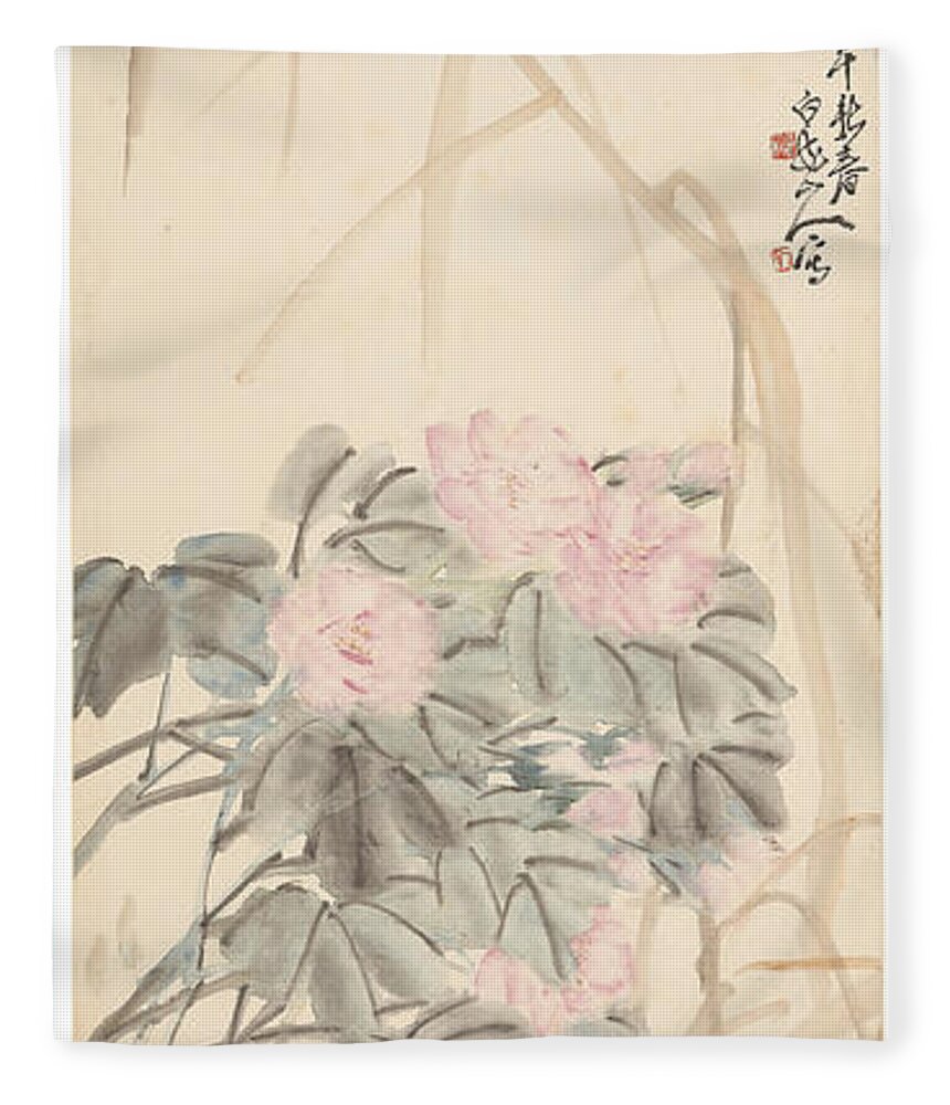 Wang Zhen (1867 - 1938) Songbirds And Peonies Fleece Blanket featuring the painting Wang Zhen by Artistic Rifki