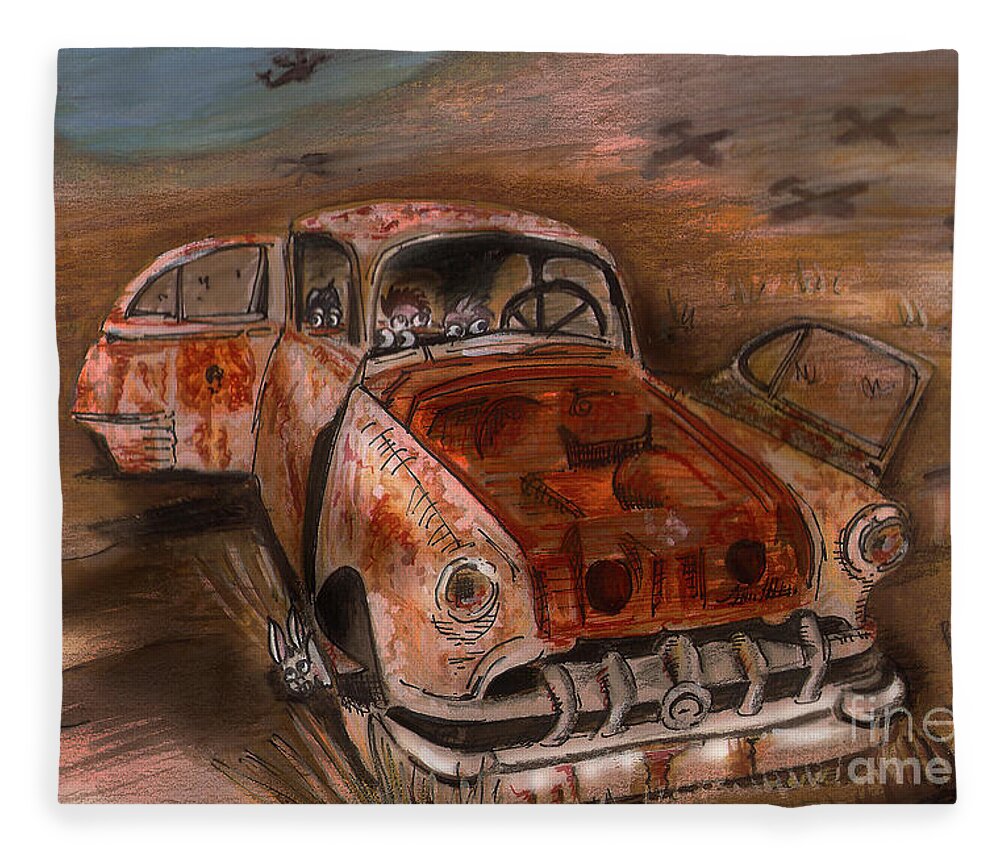 Watercolour Rusted Car Fleece Blanket featuring the painting War-torn by Remy Francis