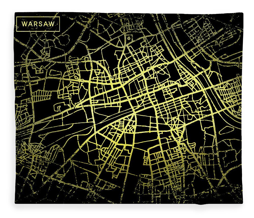 Map Fleece Blanket featuring the digital art Warsaw Map in Gold and Black by Sambel Pedes