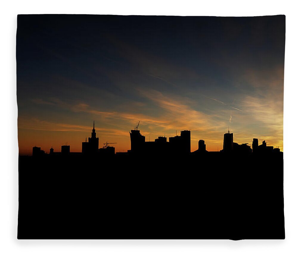 Warsaw Fleece Blanket featuring the photograph Warsaw Skyline Silhouette At Sunset by Artur Bogacki