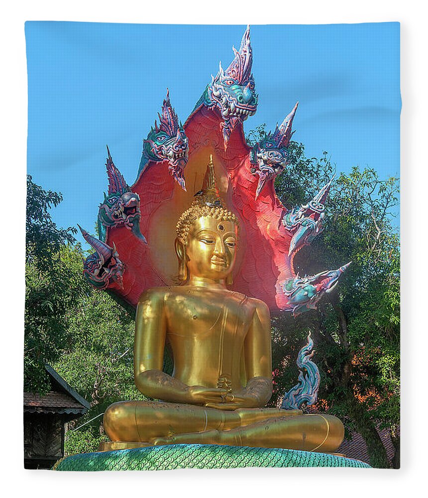 Scenic Fleece Blanket featuring the photograph Wat Burapa Buddha Image on Naga Throne DTHU1397 by Gerry Gantt