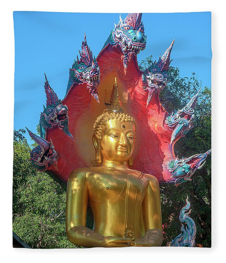 Scenic Fleece Blanket featuring the photograph Wat Burapa Buddha Image on Naga Throne DTHU1398 by Gerry Gantt