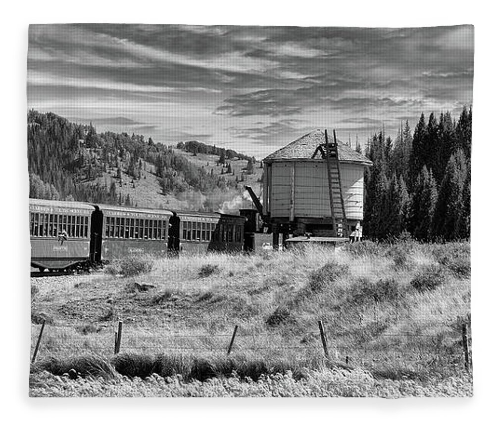 Train Fleece Blanket featuring the photograph Water Stop in Black and White by Steve Templeton