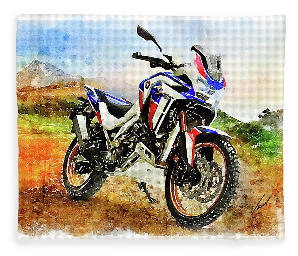 Art Fleece Blanket featuring the painting Watercolor Africa Twin Adventure motorcycle by Vart by Vart