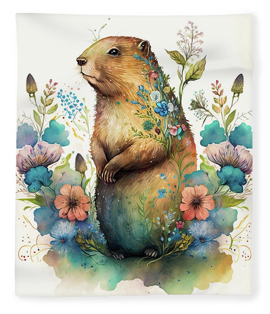 Groundhog Fleece Blanket featuring the digital art Watercolor Animal 30 Cute Groundhog by Matthias Hauser