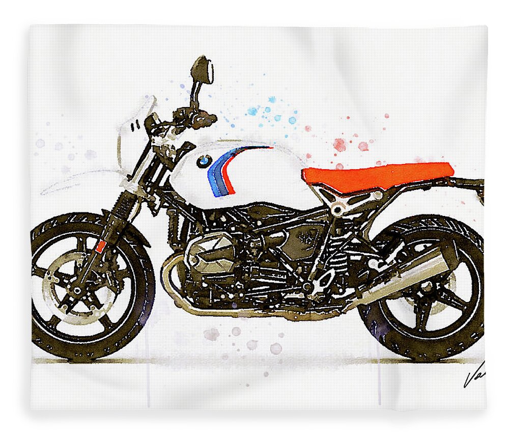 Motorbike Paitning Fleece Blanket featuring the painting Watercolor BMW NineT URBAN motorcycle - oryginal artwork by Vart. by Vart