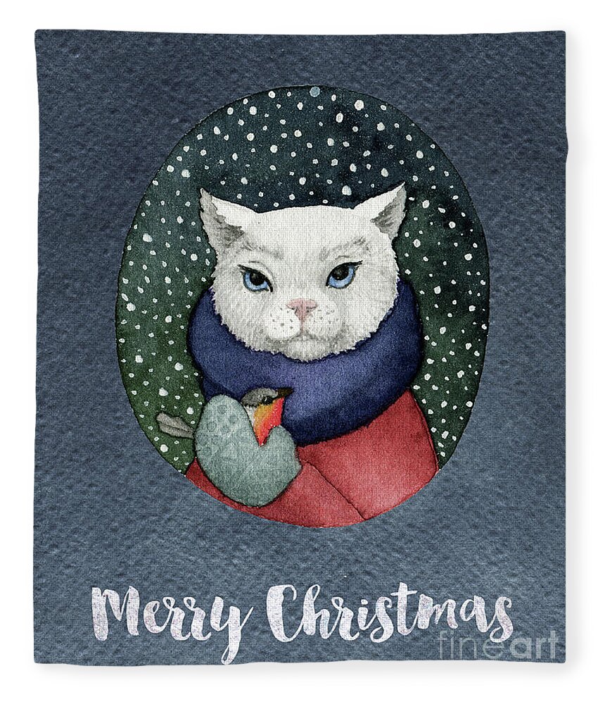 Cat Fleece Blanket featuring the painting Watercolor Cat Winter Christmas Holiday by Modern Art