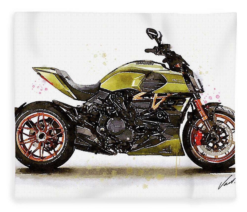 Motorcycle Fleece Blanket featuring the painting Watercolor Ducati Diavel Lamborghini motorcycle - oryginal artwork by Vart. by Vart