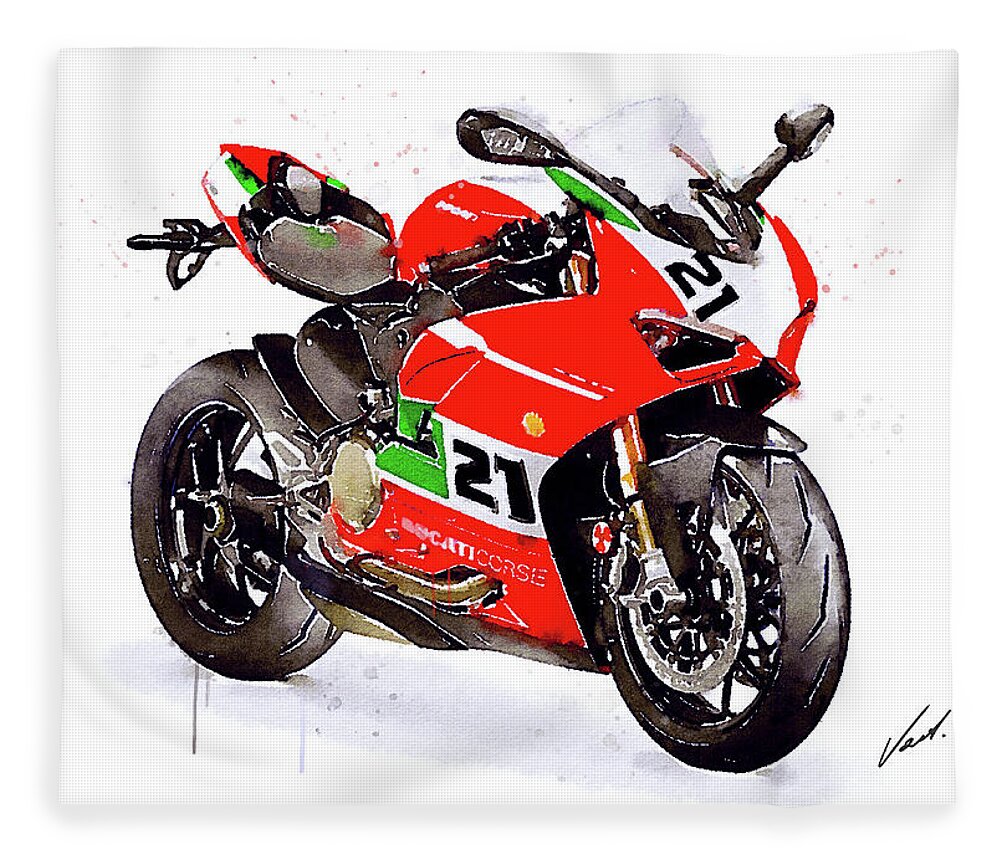 Sport Fleece Blanket featuring the painting Watercolor Ducati Panigale V2 Bayliss motorcycle, oryginal artwork by Vart. by Vart Studio