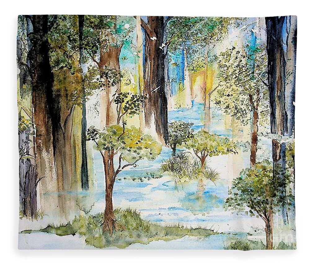 Landscape Fleece Blanket featuring the painting Watercolor Fantasy Landscape 2 greens and blues by Valerie Shaffer