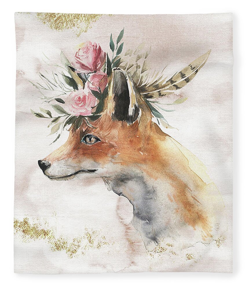 Watercolor Fox Fleece Blanket featuring the painting Watercolor Fox With Flowers And Gold by Garden Of Delights