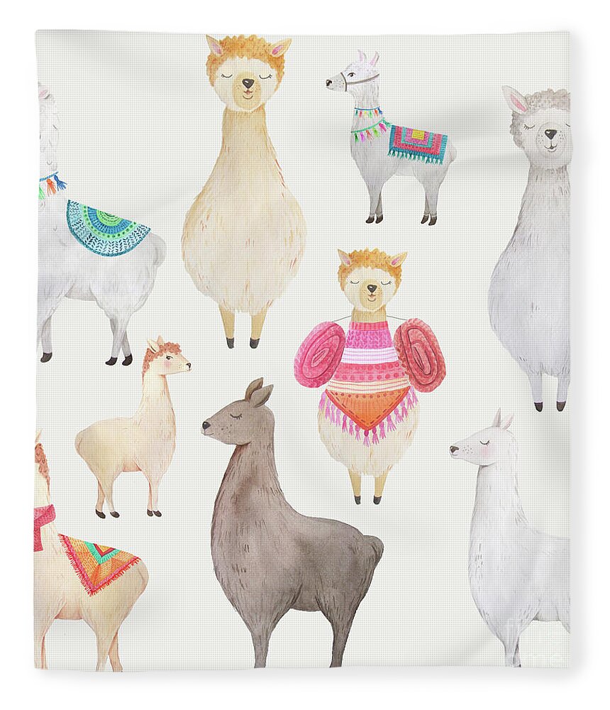 Llamas Fleece Blanket featuring the painting Watercolor Llamas by Modern Art