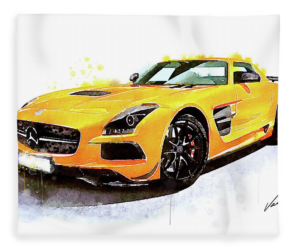 Watercolor Fleece Blanket featuring the painting Watercolor Mercedes SLS AMG - oryginal artwork by Vart by Vart