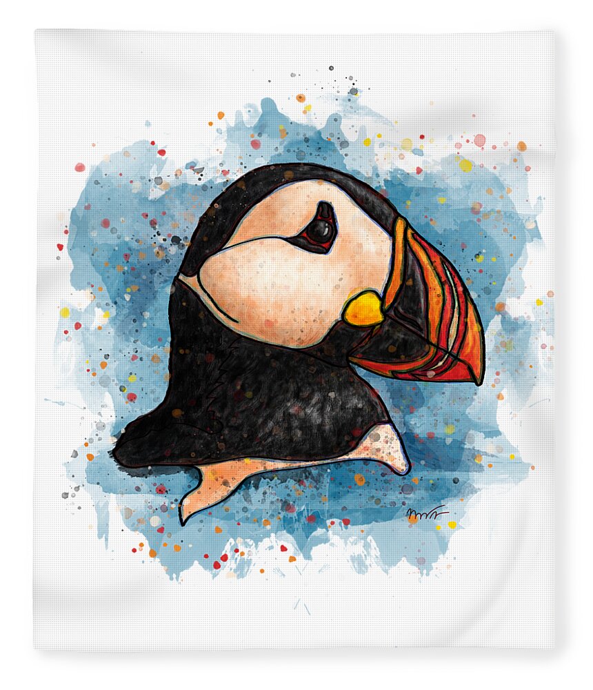 Watercolor Fleece Blanket featuring the painting Watercolor puffin splatter art, Puffin head by Nadia CHEVREL