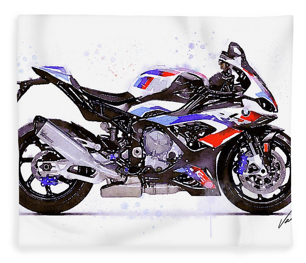 Sport Fleece Blanket featuring the painting Watercolor Sport Motorcycle BMW S1000RR - original artwork by Vart. by Vart Studio