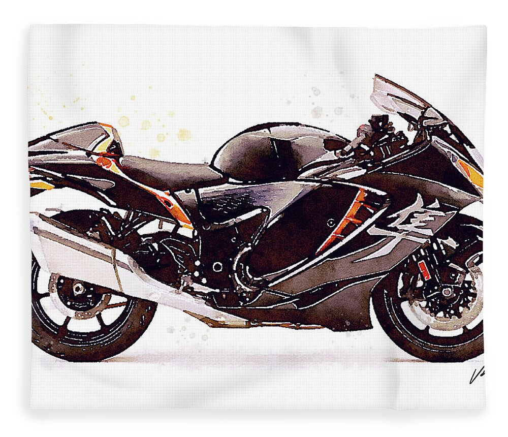 Sport Fleece Blanket featuring the painting Watercolor Suzuki Hayabusa GSX 1300R motorcycle - oryginal artwork by Vart. by Vart Studio
