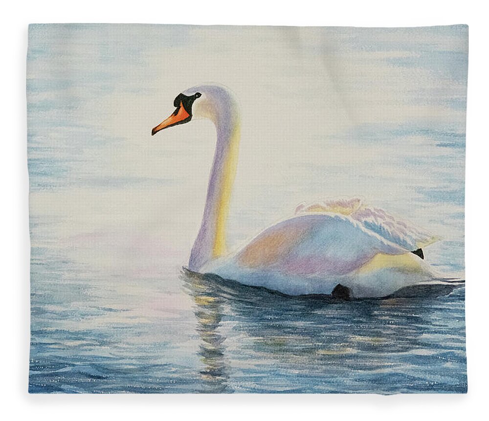 Nature Fleece Blanket featuring the painting Watercolor Swan by Linda Shannon Morgan