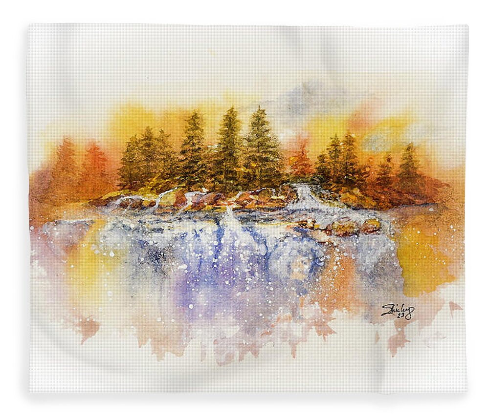 Waterfall Fleece Blanket featuring the painting Watercolor Waterfall by Shirley Dutchkowski