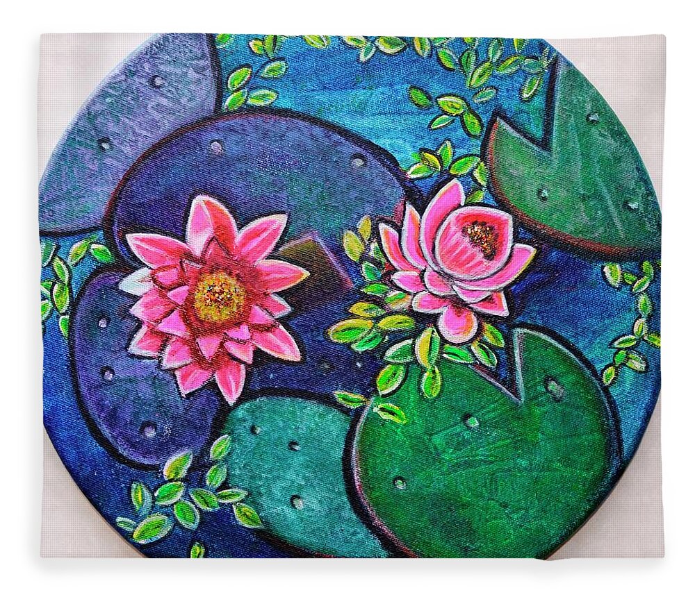 Waterlillies Fleece Blanket featuring the painting Waterlillies pond on round canvas by Manjiri Kanvinde