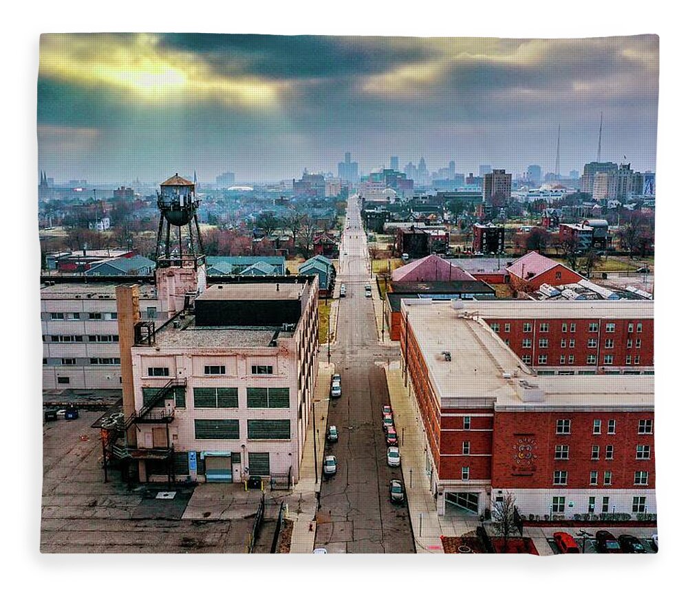 Detroit Fleece Blanket featuring the photograph Watertower Skyline DJI_0690 by Michael Thomas