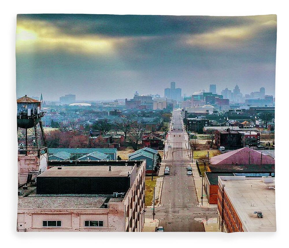 Detroit Fleece Blanket featuring the photograph Watertower Skyline V2 DJI_0690 by Michael Thomas