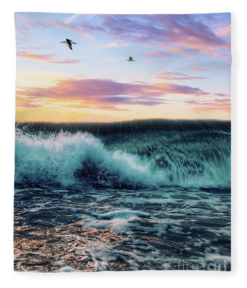 Seagulls Fleece Blanket featuring the digital art Waves Crashing At Sunset by Phil Perkins