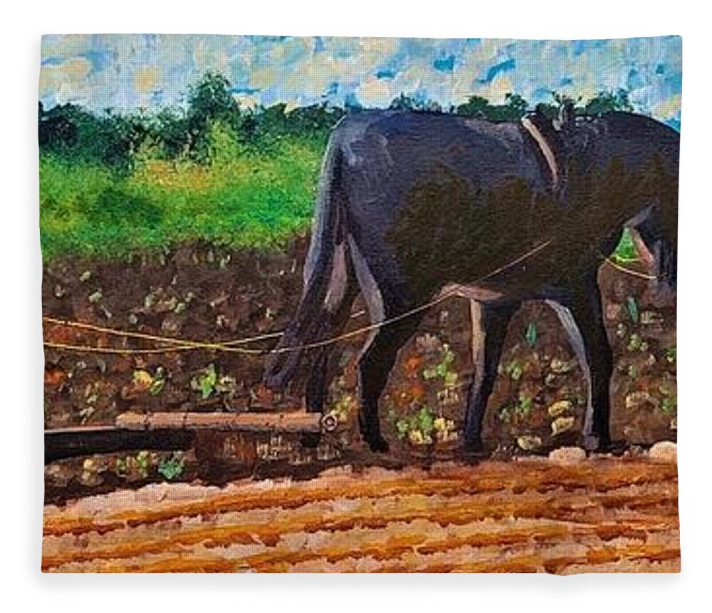 Plowing Fleece Blanket featuring the painting We Plow the Fields by Jim Harris