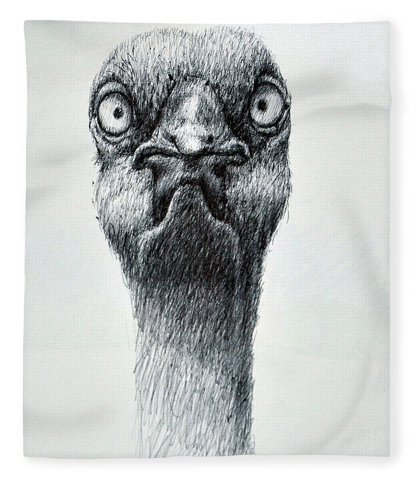 Ostrich Fleece Blanket featuring the drawing Weird Eyed Bird by Rick Hansen