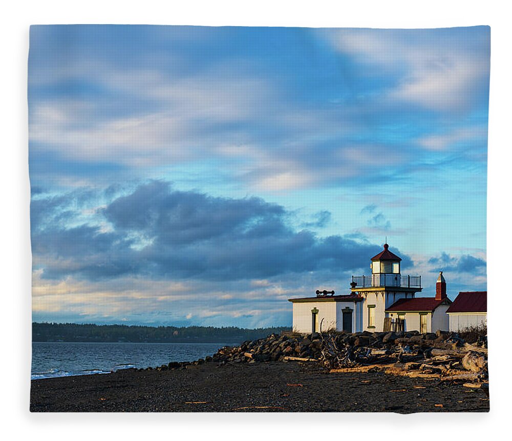 Outdoor; Beach; Discovery Park; West Point Lighthouse; Seattle; Puget Sound; Elliott Bay; Shilshole Bay; Winter; New Year; Sunset; Pacific North West; Seattle Park Fleece Blanket featuring the digital art West Point Lighthouse by Michael Lee