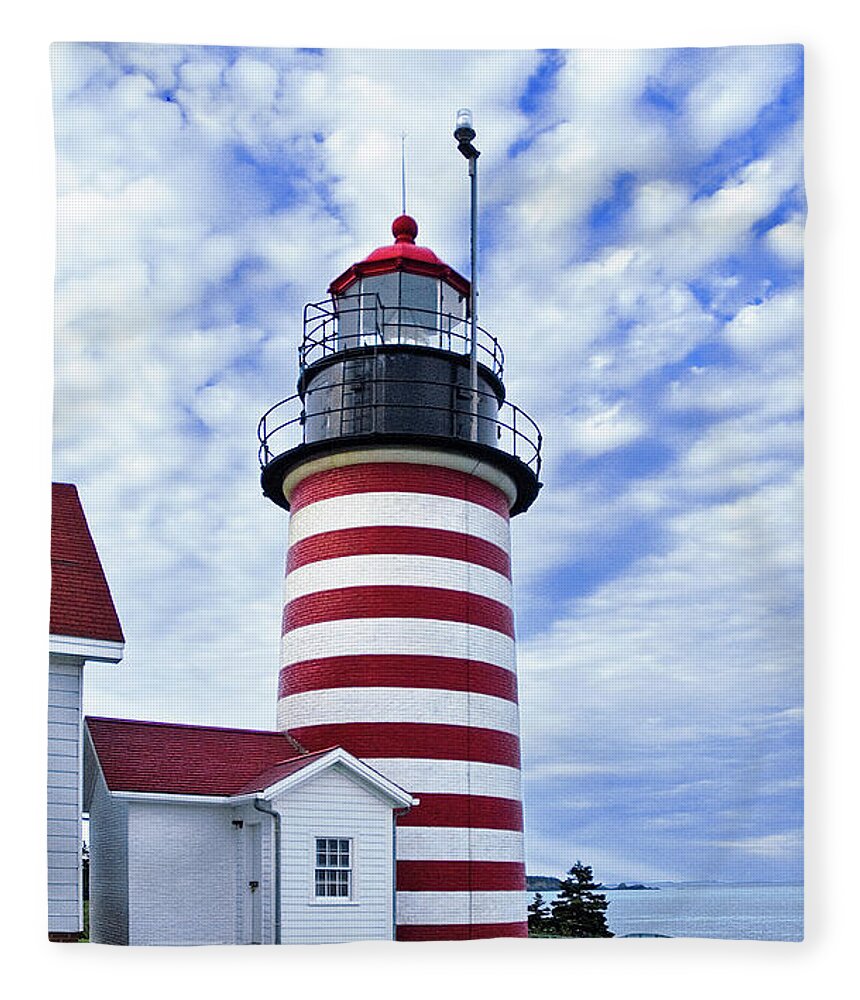 West Quoddy Head Lighthouse Fleece Blanket featuring the photograph West Quoddy Head Lighthouse and Clouds by Marty Saccone