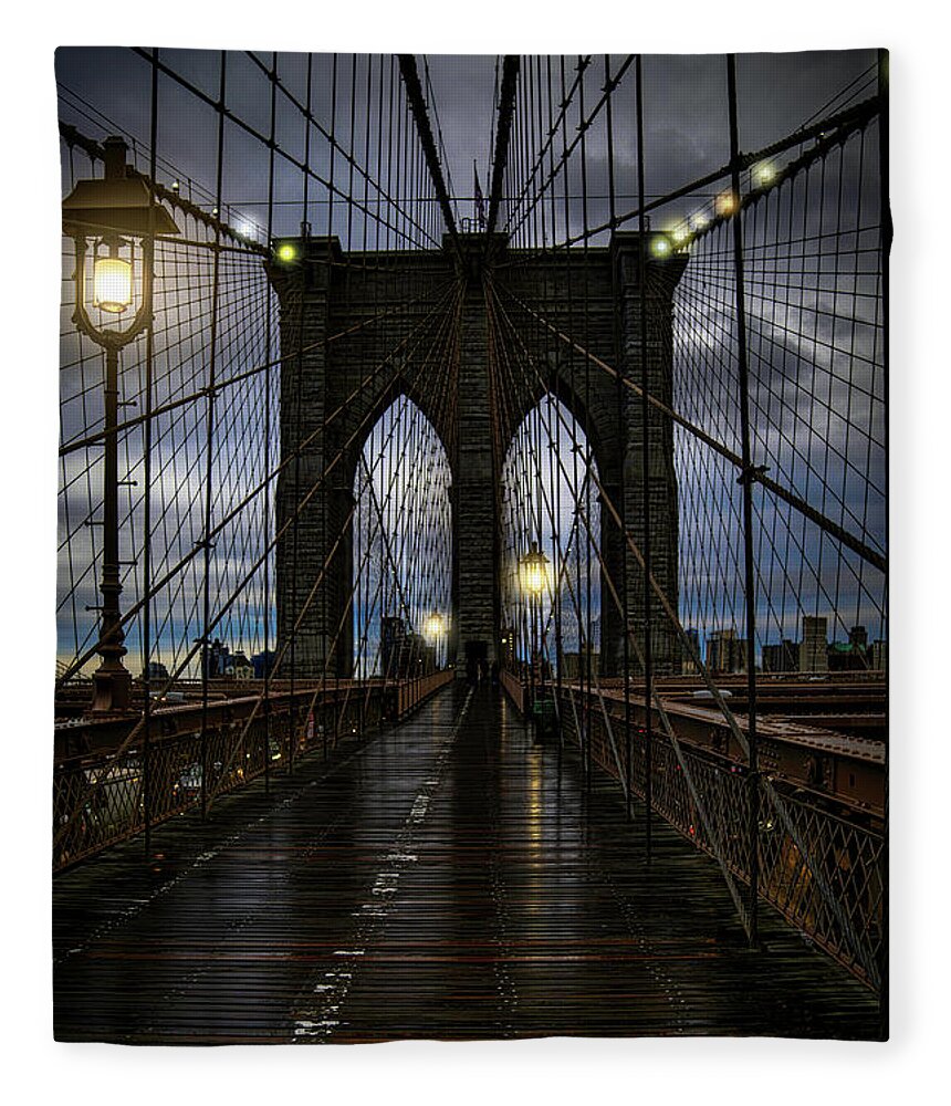 Streetlights Fleece Blanket featuring the photograph Wet Day On The Brooklyn Bridge by Chris Lord