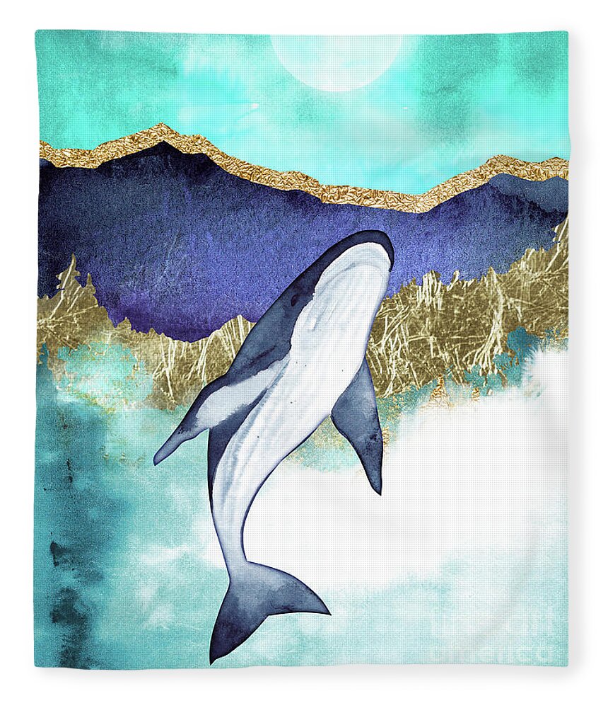 Blue Whale Fleece Blanket featuring the painting Whale And Moon by Garden Of Delights