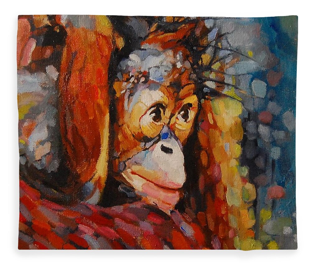 Primate Fleece Blanket featuring the painting What I Saw At The Zoo by Jean Cormier