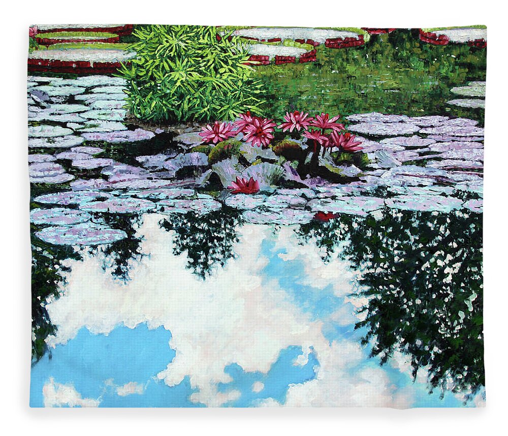 Garden Pond Fleece Blanket featuring the painting Whatsoever Is Lovely by John Lautermilch