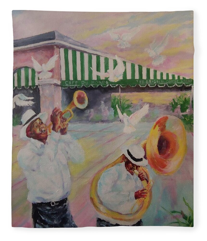 Mardi Gras Fleece Blanket featuring the painting When the Saints Go Marching In--Cafe Du Monde by ML McCormick