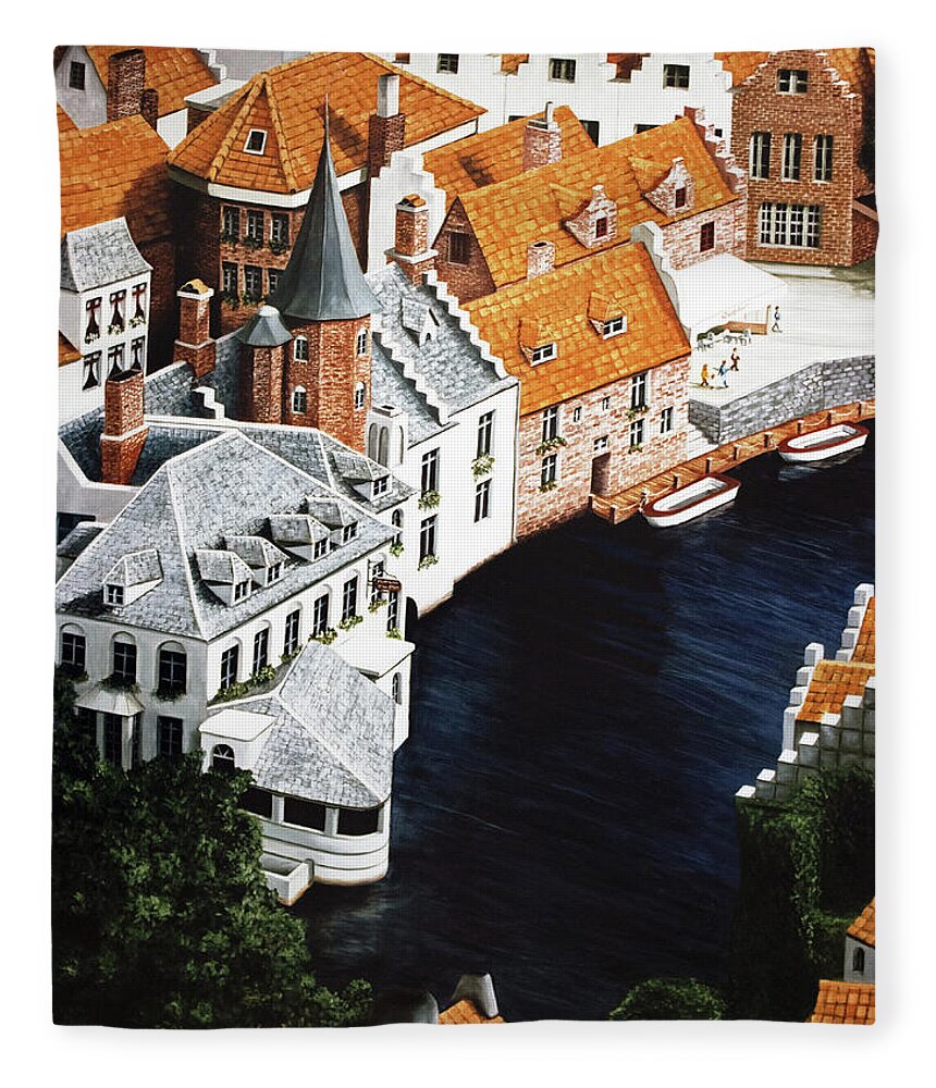 Bruges Fleece Blanket featuring the painting WHERE THE RIVER BENDS - Prints-Decor-More by Mary Grden