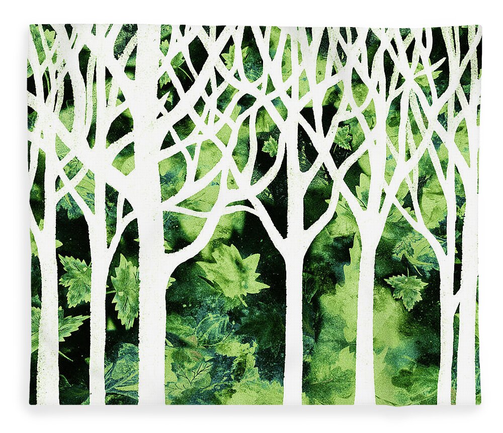 Abstract Forest Fleece Blanket featuring the painting White And Green Enchanted Forest Watercolor Silhouette Trees And Branches by Irina Sztukowski