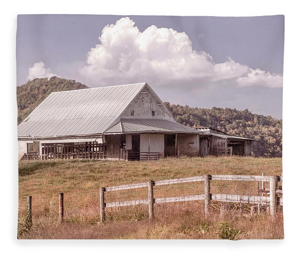 Barns Fleece Blanket featuring the photograph White Barn in the Soft Countryside by Debra and Dave Vanderlaan